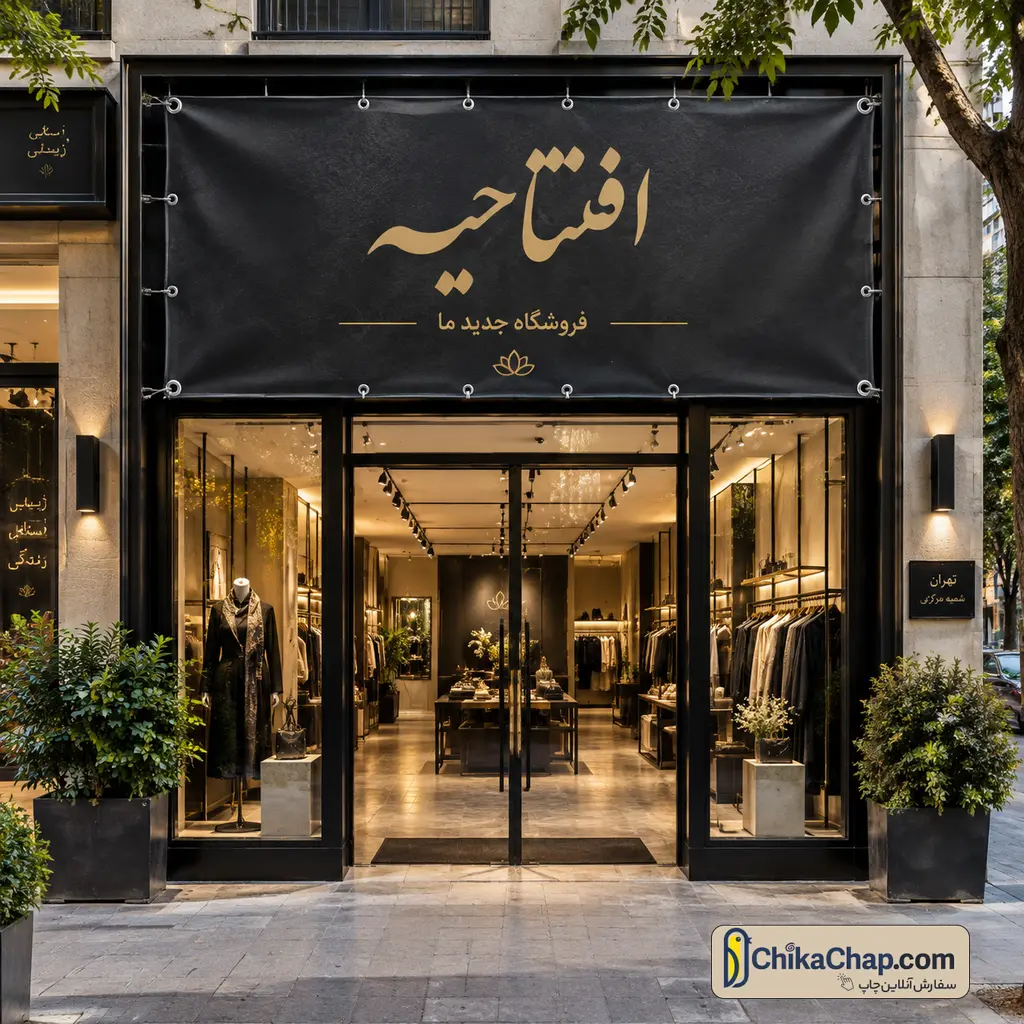 چاپ بنر سردر مغازه و تابلوی موقت با طراحی شیک و پانچ فلزی مقاوم